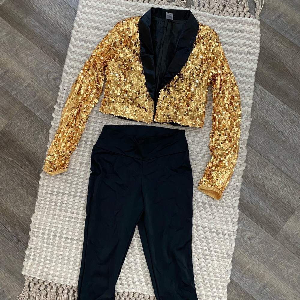 Gold jacket and black cropped leggings (dance costume)